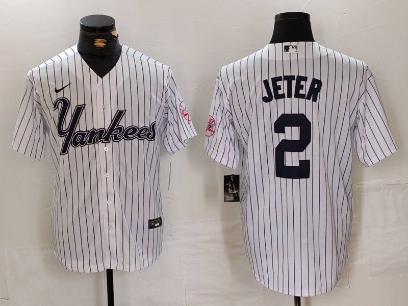 Men New York Yankees #2 Jeter White stripe Three generations of joint names Nike 2024 MLB Jersey style 1->new york yankees->MLB Jersey